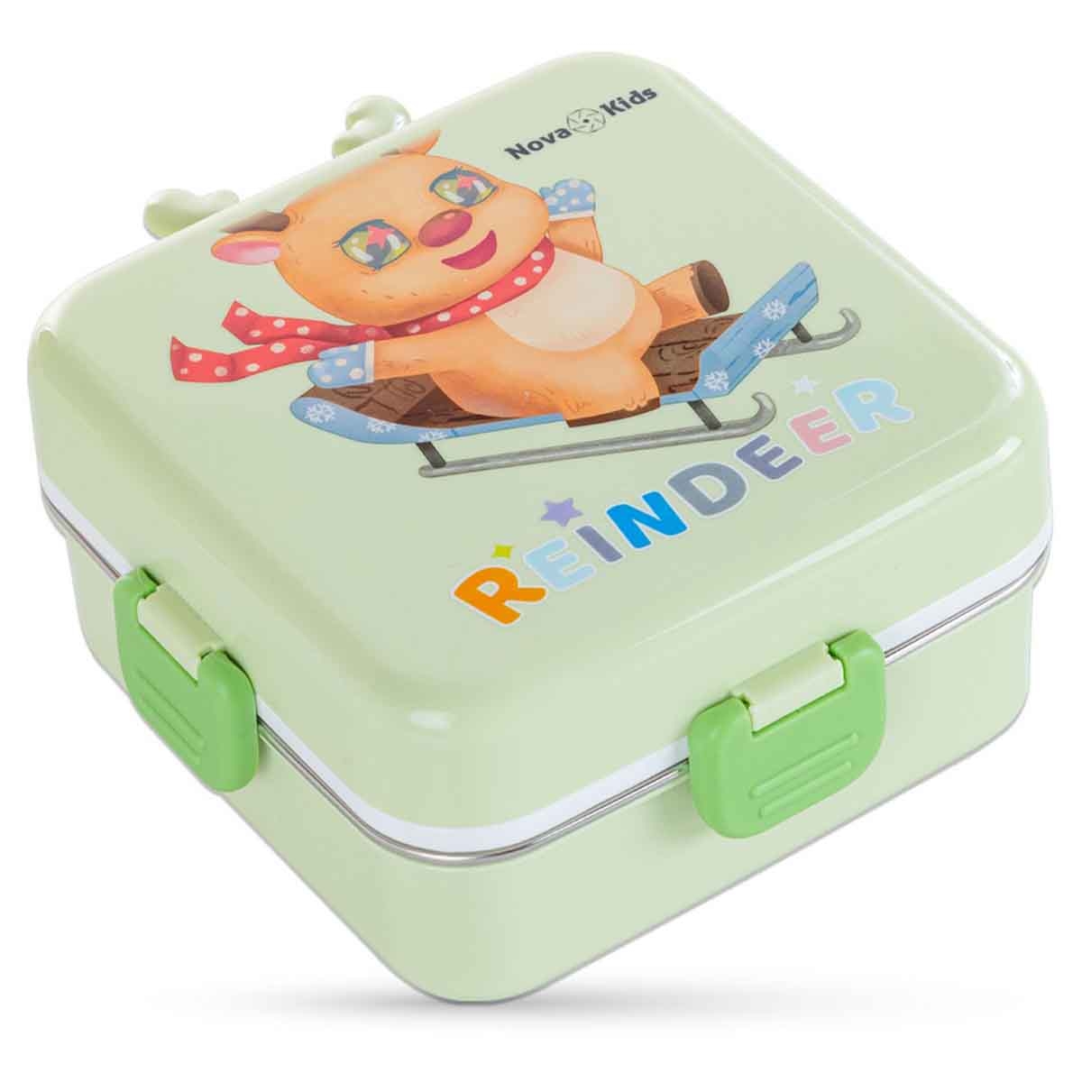 نوفا كيدز صندوق غداء بنتو ستانلس ستيل بسعة 1.5 لتر بتصميم ريندير بثلاثة أقسام مع مجموعة ملعقة وصندوق صلصة