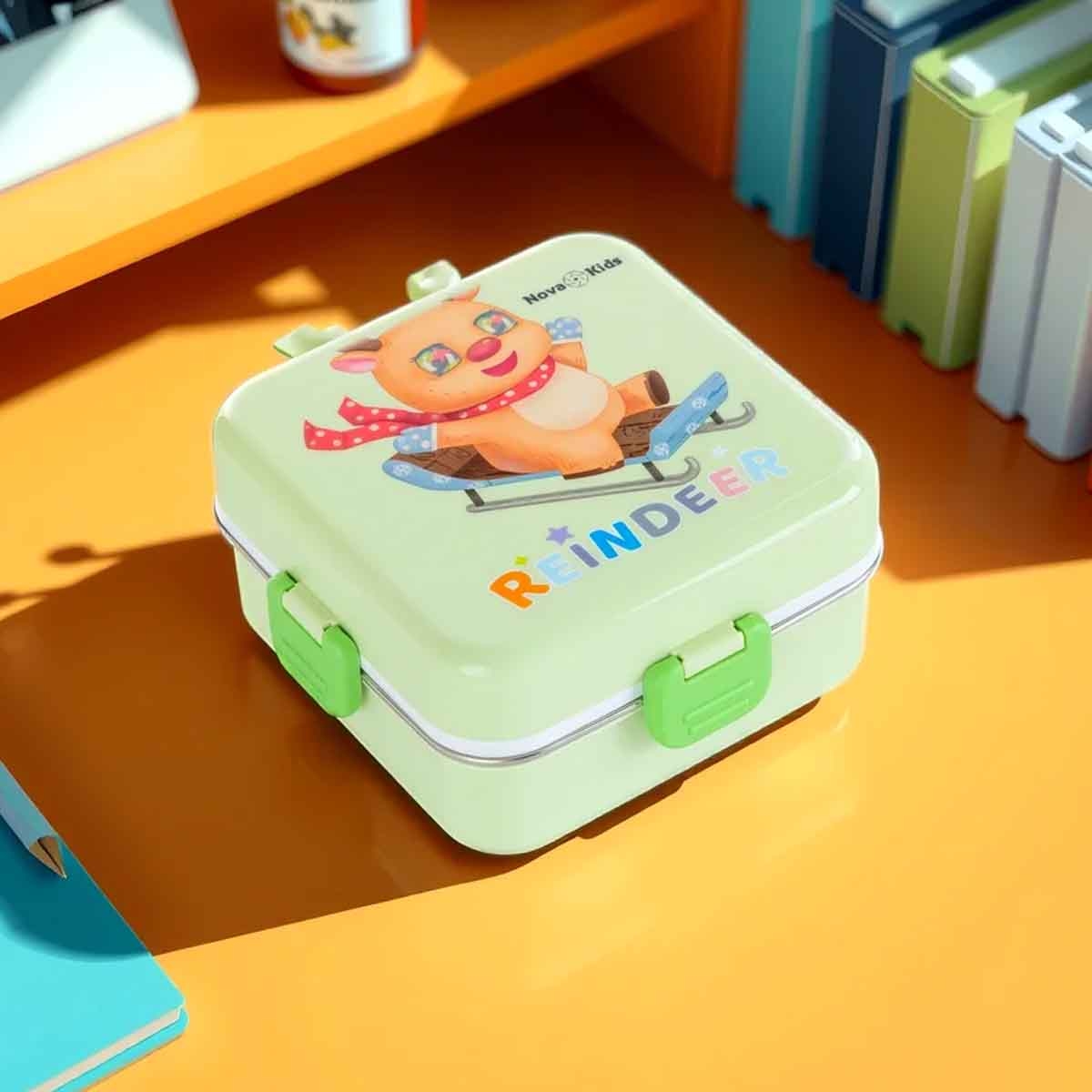 Nova Kids 1.5L Reindeer 3-Compartment Bento Lunch Box with Water Bottle, Spoon & Sauce Box