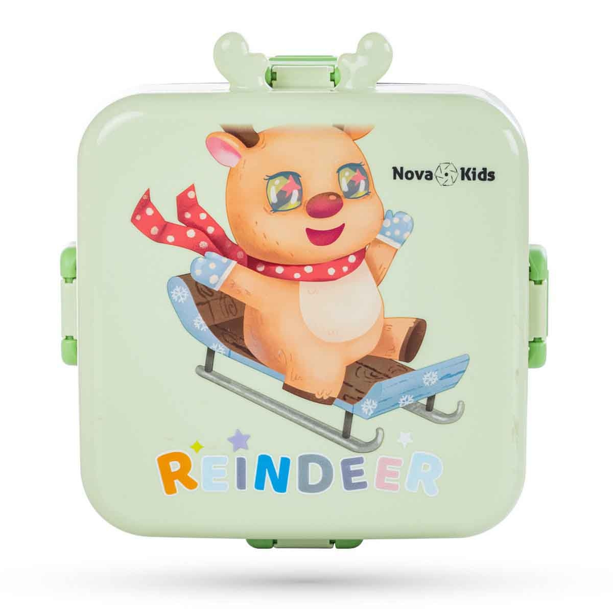 نوفا كيدز صندوق غداء بنتو ستانلس ستيل بسعة 1.5 لتر بتصميم ريندير بثلاثة أقسام مع مجموعة ملعقة وصندوق صلصة