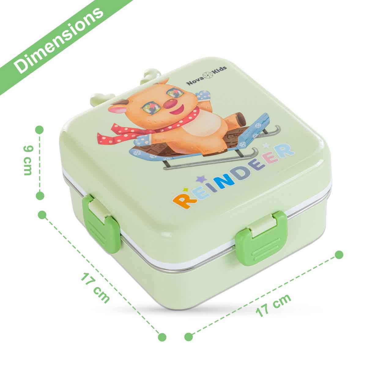 نوفا كيدز صندوق غداء بنتو ستانلس ستيل بسعة 1.5 لتر بتصميم ريندير بثلاثة أقسام مع مجموعة ملعقة وصندوق صلصة