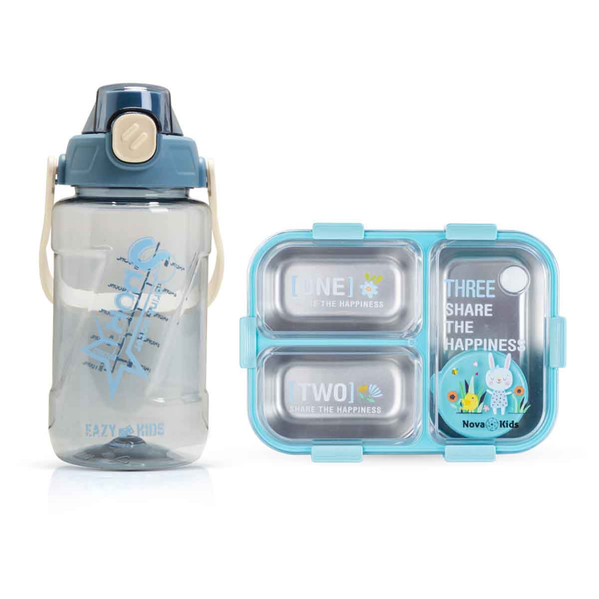 نوفا كيدز صندوق غداء بنتو ستانلس ستيل بثلاثة أقسام مع زجاجة ماء ومجموعة ملعقة وشوكة