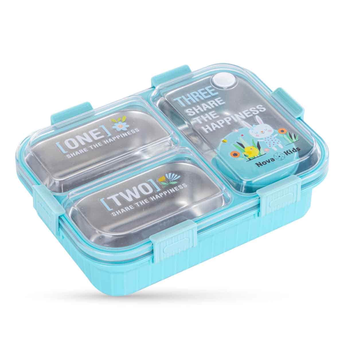 Nova Kids Stainless Steel 3-Compartment Bento Lunch Box with Water Bottle, Spoon & Fork Set