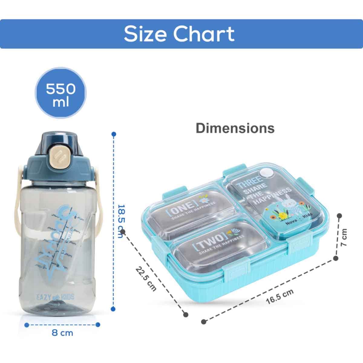 Nova Kids Stainless Steel 3-Compartment Bento Lunch Box with Water Bottle, Spoon & Fork Set