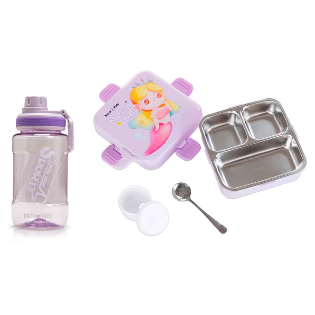 Nova Kids 1.5L Mermaid 3-Compartment Bento Lunch Box with Water Bottle, Spoon & Sauce Box
