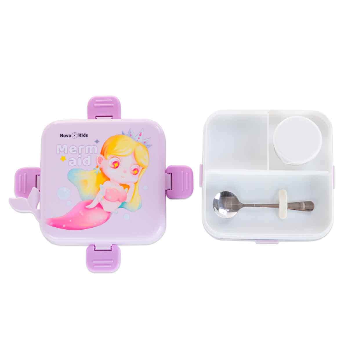 Nova Kids 1.5L Mermaid 3-Compartment Bento Lunch Box with Water Bottle, Spoon & Sauce Box