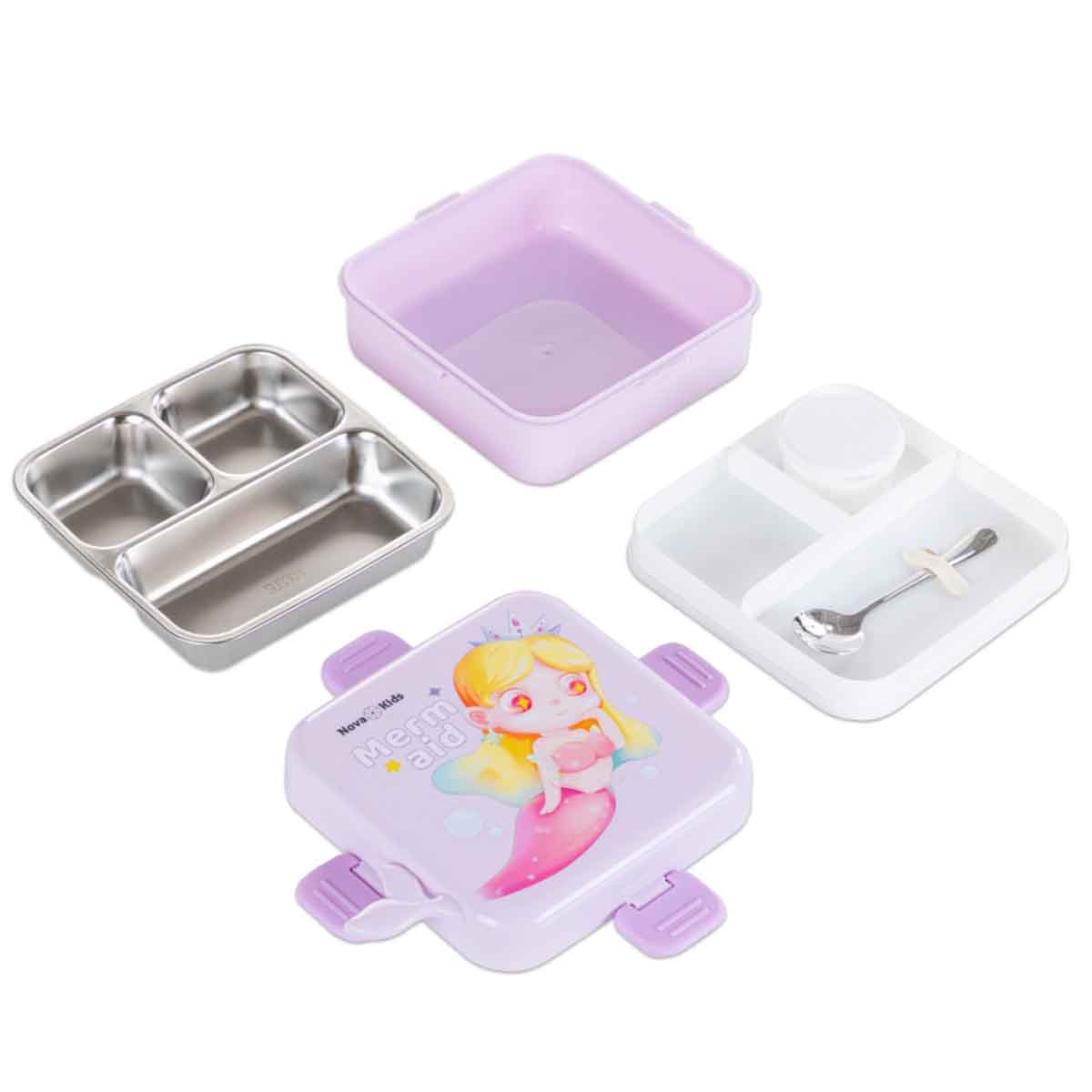 Nova Kids 1.5L Mermaid 3-Compartment Bento Lunch Box with Water Bottle, Spoon & Sauce Box