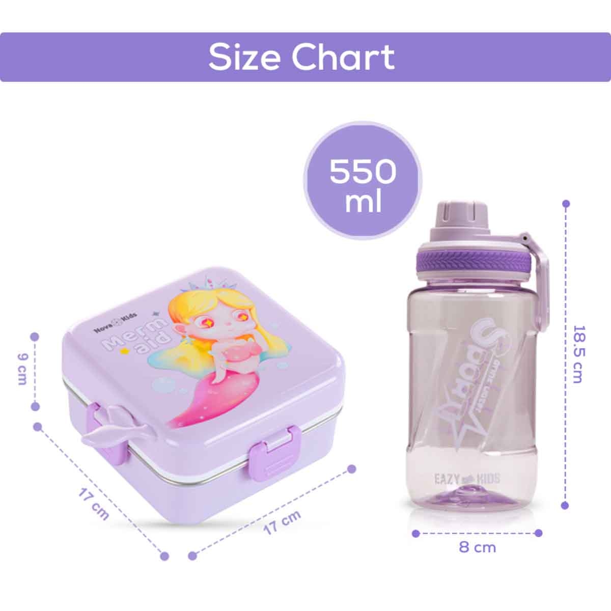 Nova Kids 1.5L Mermaid 3-Compartment Bento Lunch Box with Water Bottle, Spoon & Sauce Box
