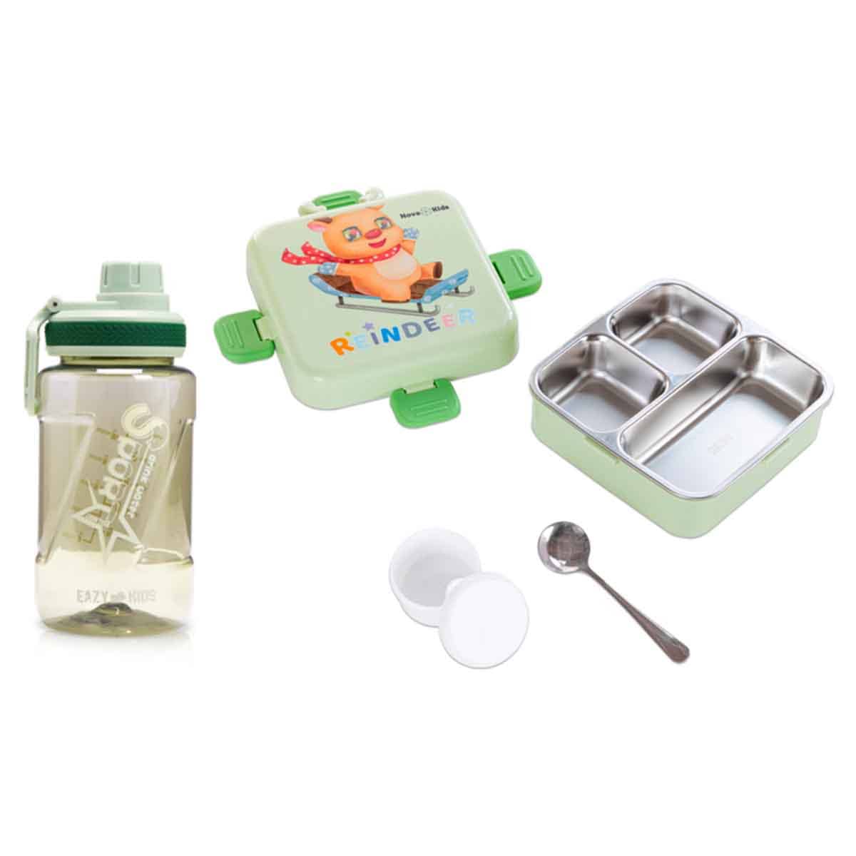 Nova Kids 1.5L Reindeer 3-Compartment Bento Lunch Box with Water Bottle, Spoon & Sauce Box