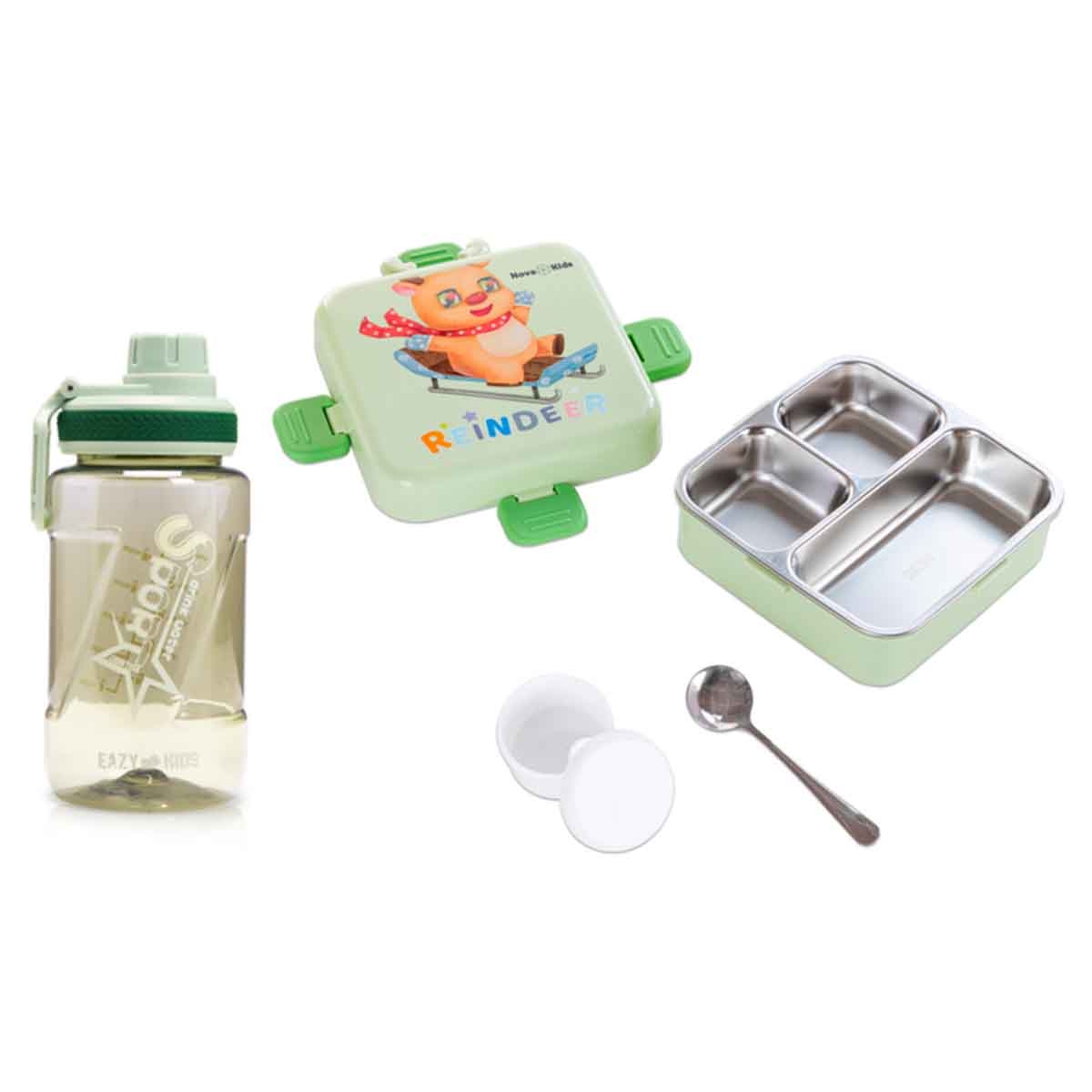 Nova Kids 1.5L Reindeer 3-Compartment Bento Lunch Box with Water Bottle, Spoon & Sauce Box
