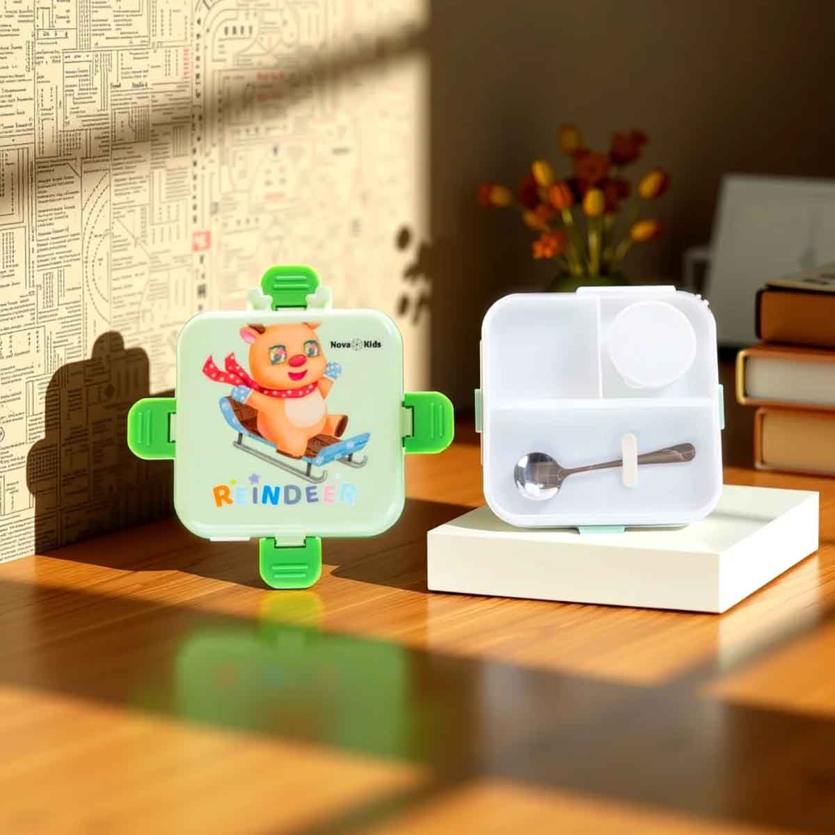 Nova Kids 1.5L Reindeer 3-Compartment Bento Lunch Box with Water Bottle, Spoon & Sauce Box