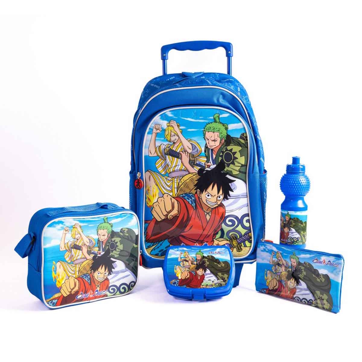 ون بيس مجموعة حقيبة ترولي مدرسية مقاس 18 انش مع حقيبة غداء ومقلمة وزجاجة مياه وصندوق طعام للبنات من عمر 5-7 سنوات