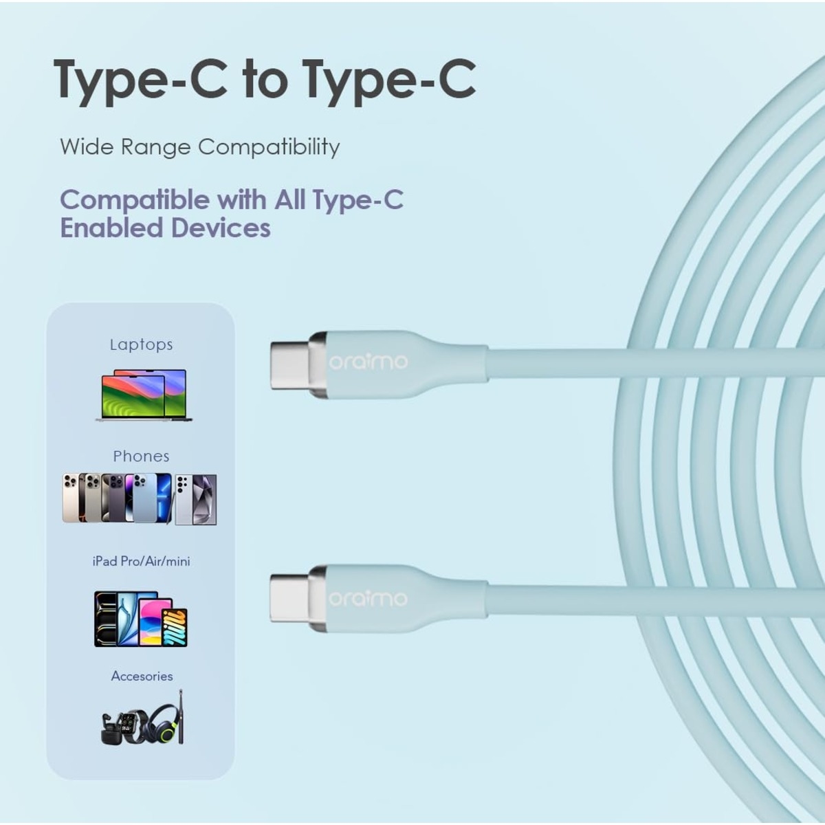 أورايمو مجموعة مكونة من 10 كابلات USB-C إلى USB-C بطول 1 متر وقدرة 60W