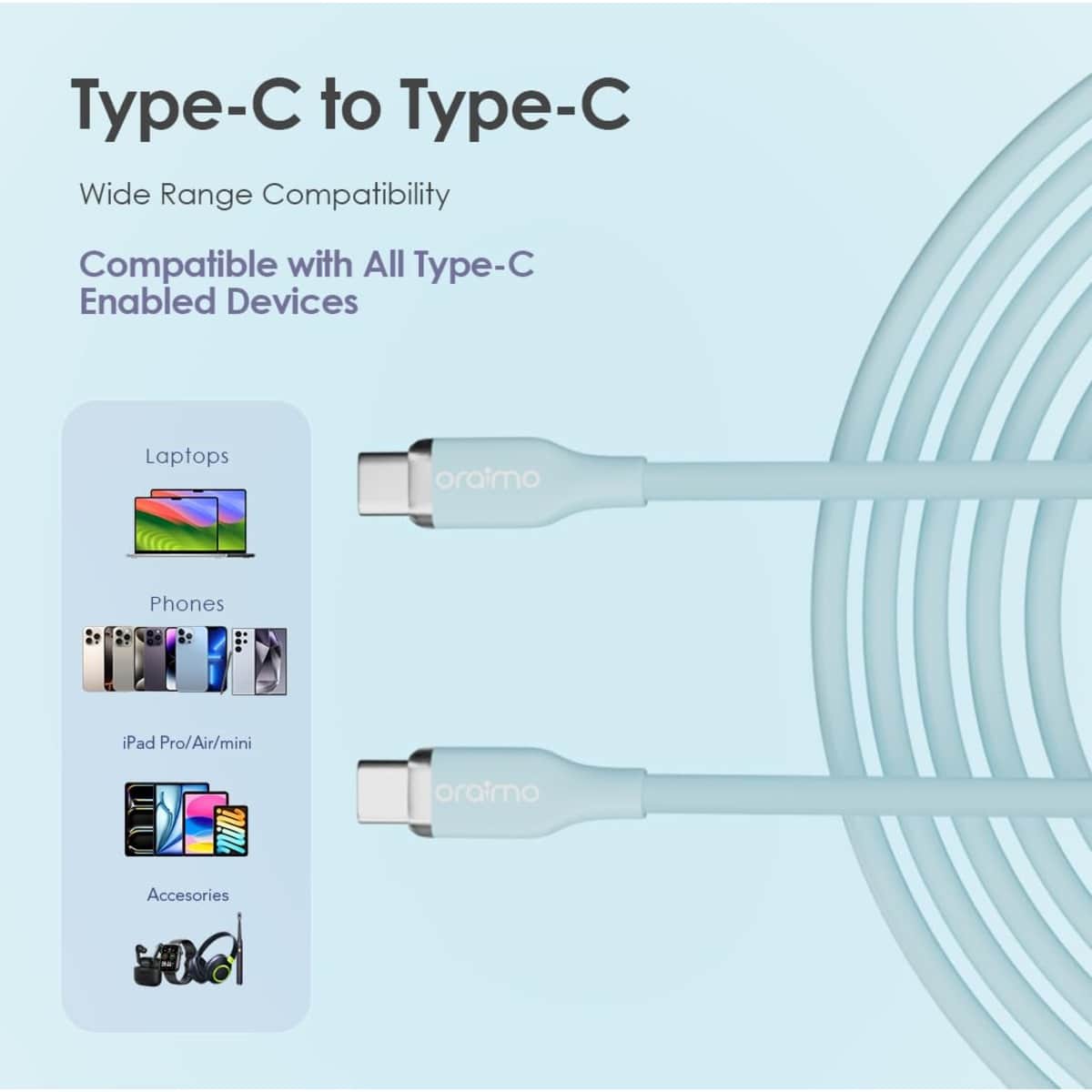 أورايمو مجموعة مكونة من 10 كابلات USB-C إلى USB-C بطول 1 متر وقدرة 60W