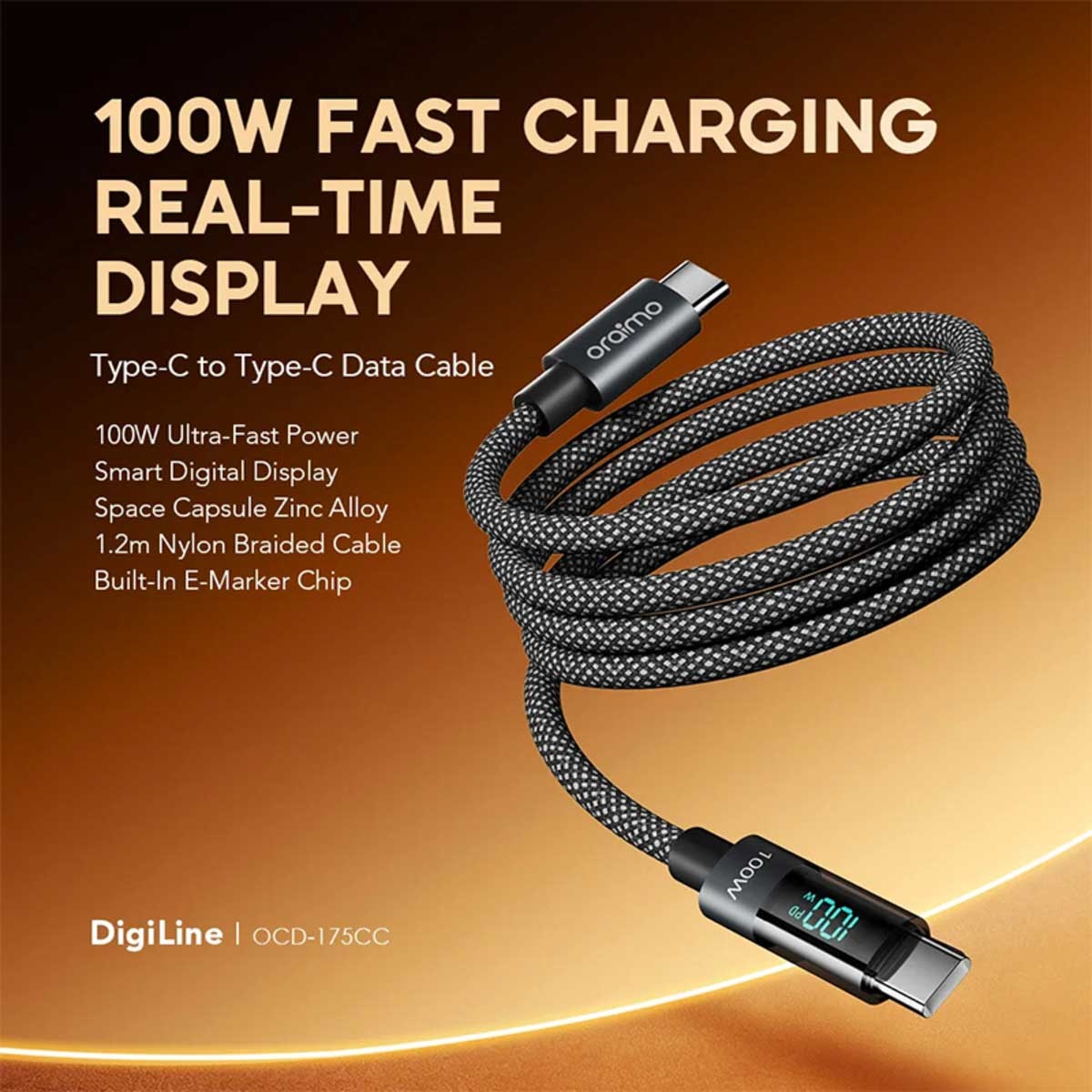 Oraimo 1.2m Digline 100W Display USB-C to USB-C Cable