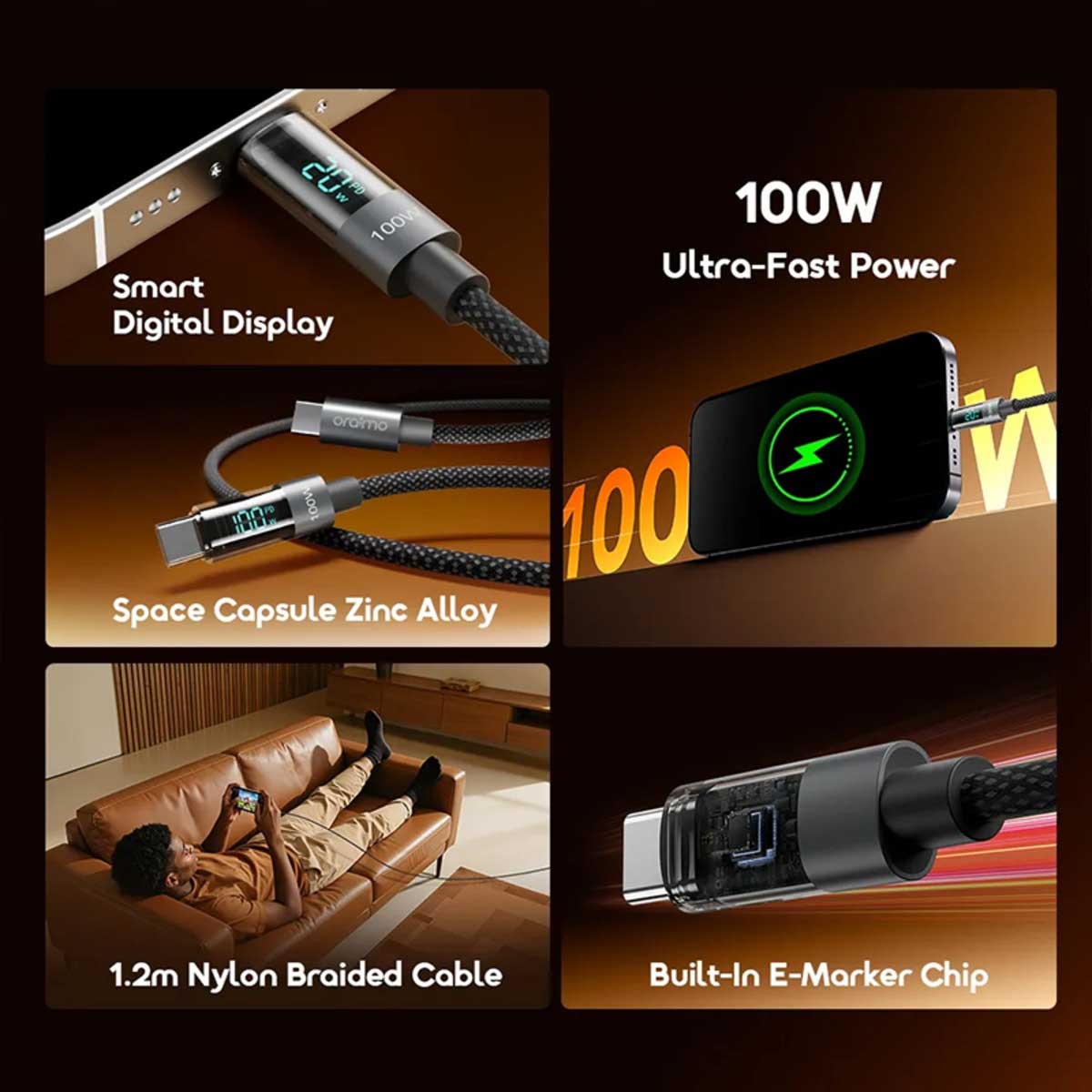 Oraimo 1.2m Digline 100W Display USB-C to USB-C Cable