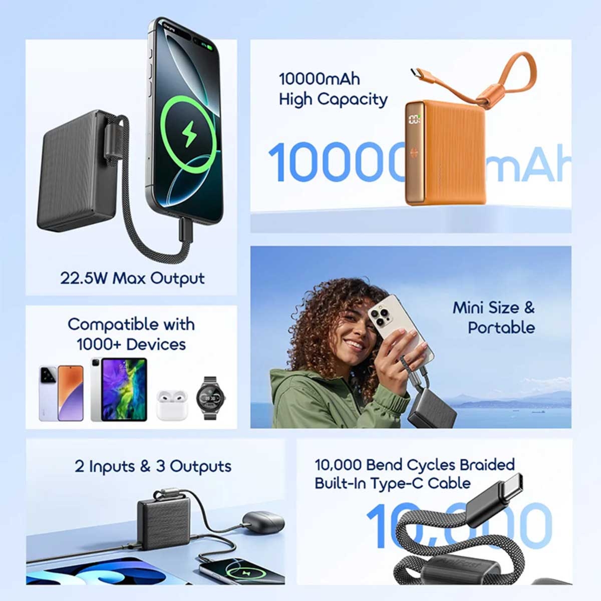 Oraimo 10000mAh 22.5W Mini Power Bank with Built-in USB-C Cable