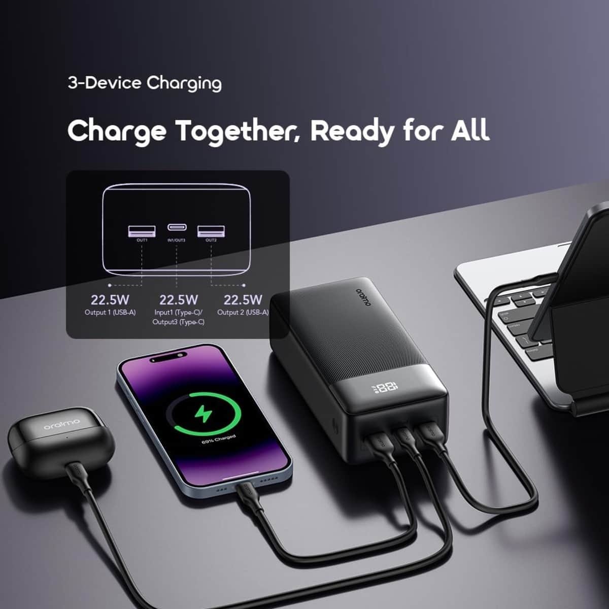 أورايمو باور بانك باور نوفا أسود بسعة 27000mAh وقدرة 22.5W