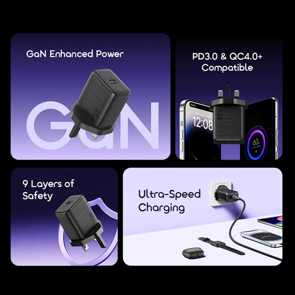 أورايمو شاحن جداري GaN بقدرة 45W مع كابل USB-C
