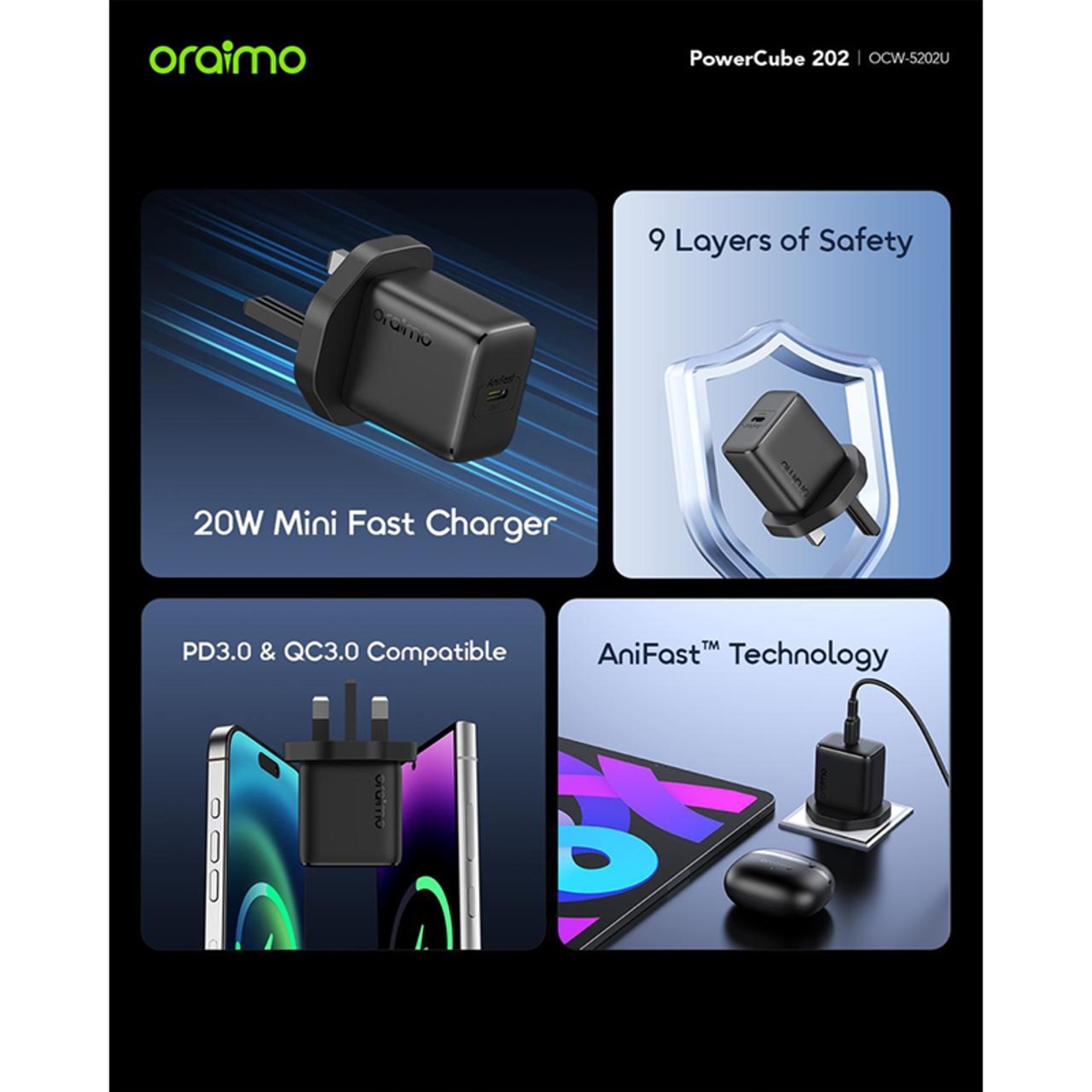 أورايمو شاحن جداري سريع OCW-5202UCC بقدرة 20W مع كابل USB-C إلى USB-C