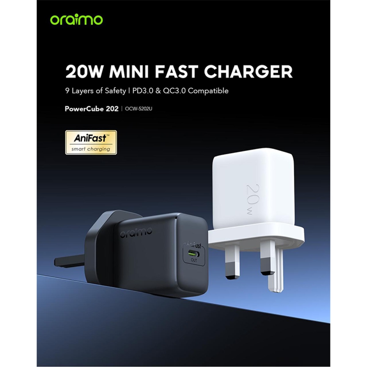 أورايمو شاحن جداري سريع OCW-5202UCC بقدرة 20W مع كابل USB-C إلى USB-C