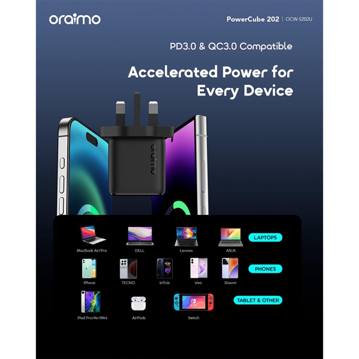 أورايمو شاحن جداري سريع OCW-5202UCC بقدرة 20W مع كابل USB-C إلى USB-C