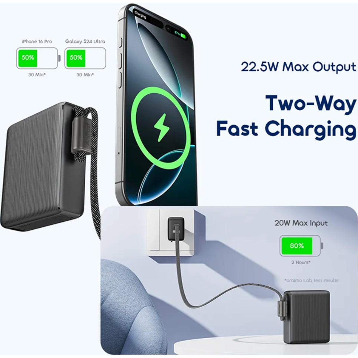 Oraimo 10000mAh 22.5W Mini Power Bank with Built-in USB-C Cable