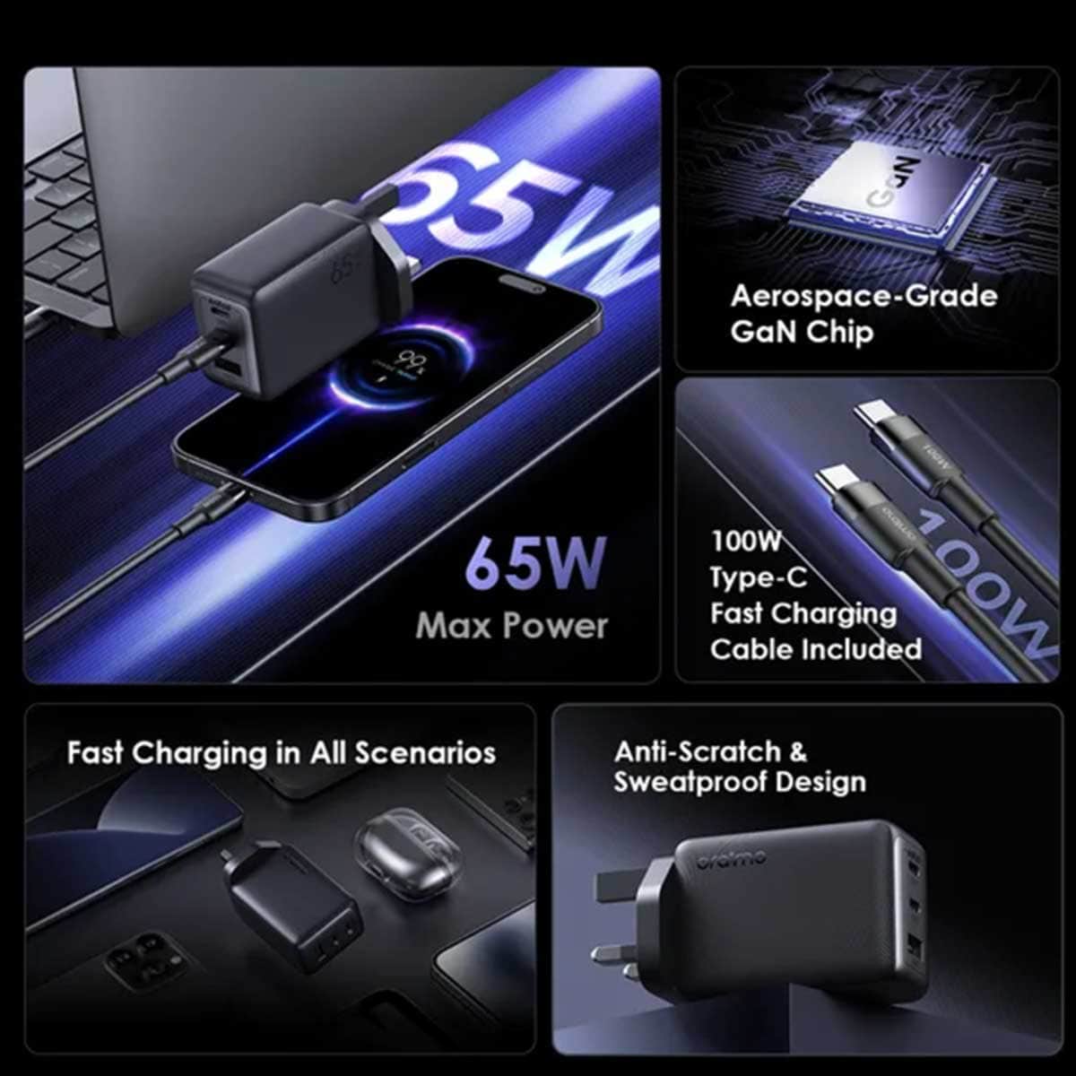 أورايمو شاحن جداري هايبر GaN 65 بقدرة 65W مع كابل USB-C