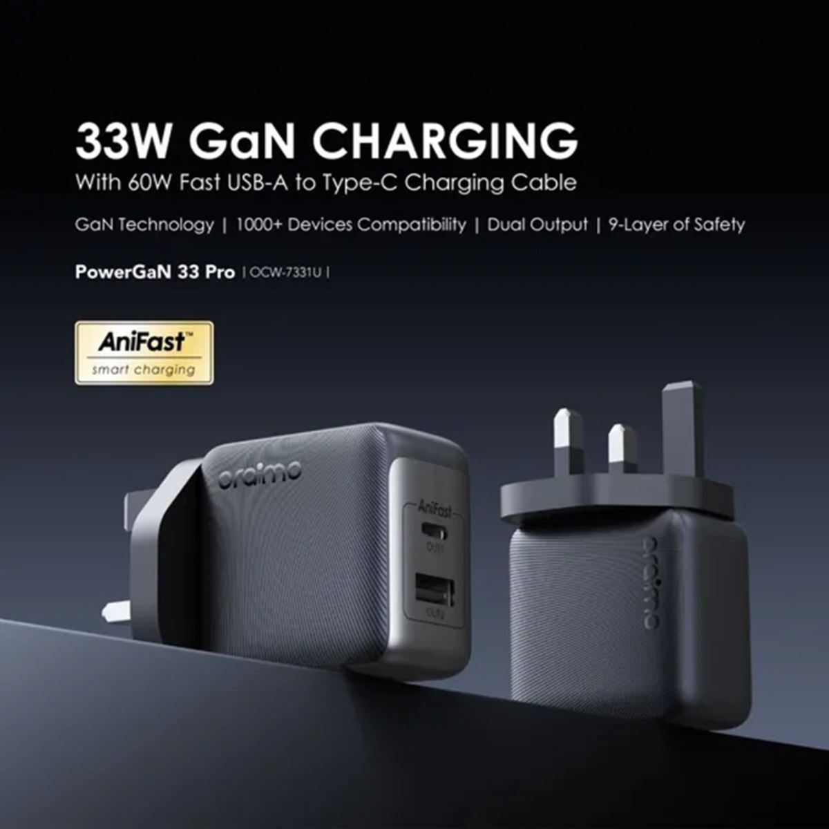 Oraimo PowerGaN 33 Pro 33W GaN Wall Charger with USB-C Cable