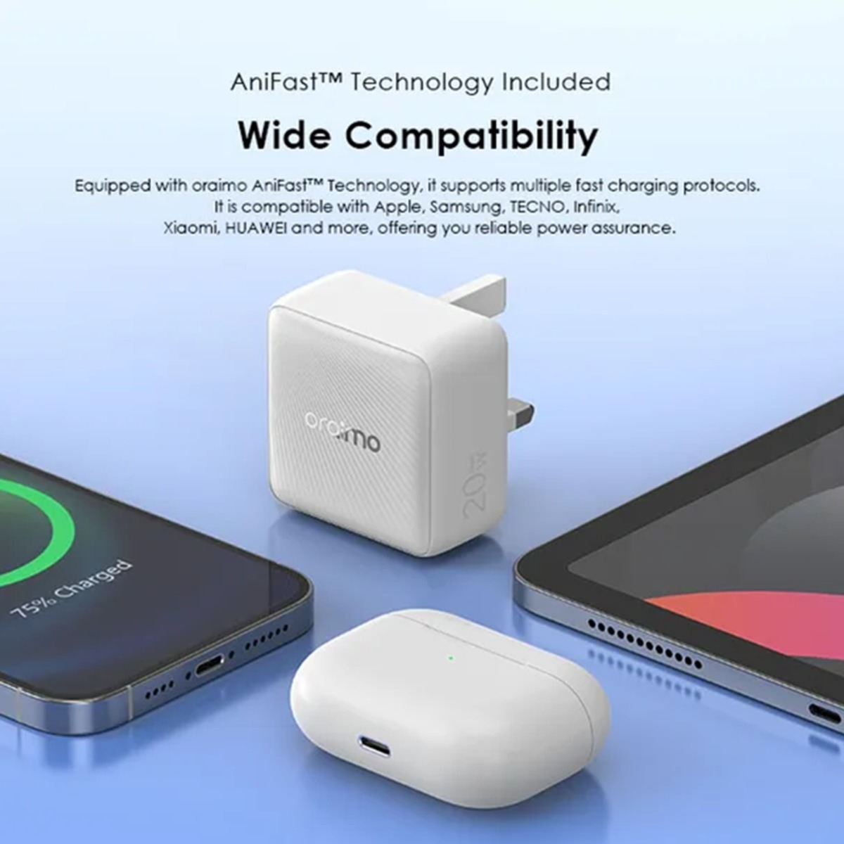 أورايمو شاحن جداري باور كيوب 20 شيك GaN بقدرة 20W مع كابل USB-C