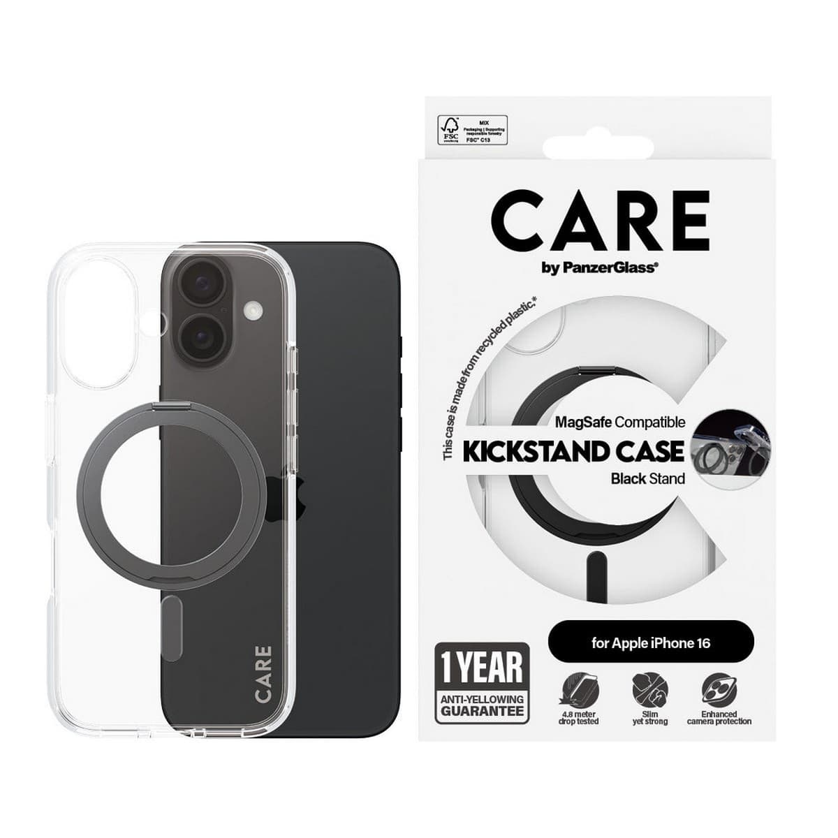 PanzerGlass Transparent Care Feature Case with Black Kickstand & MagSafe for iPhone 16