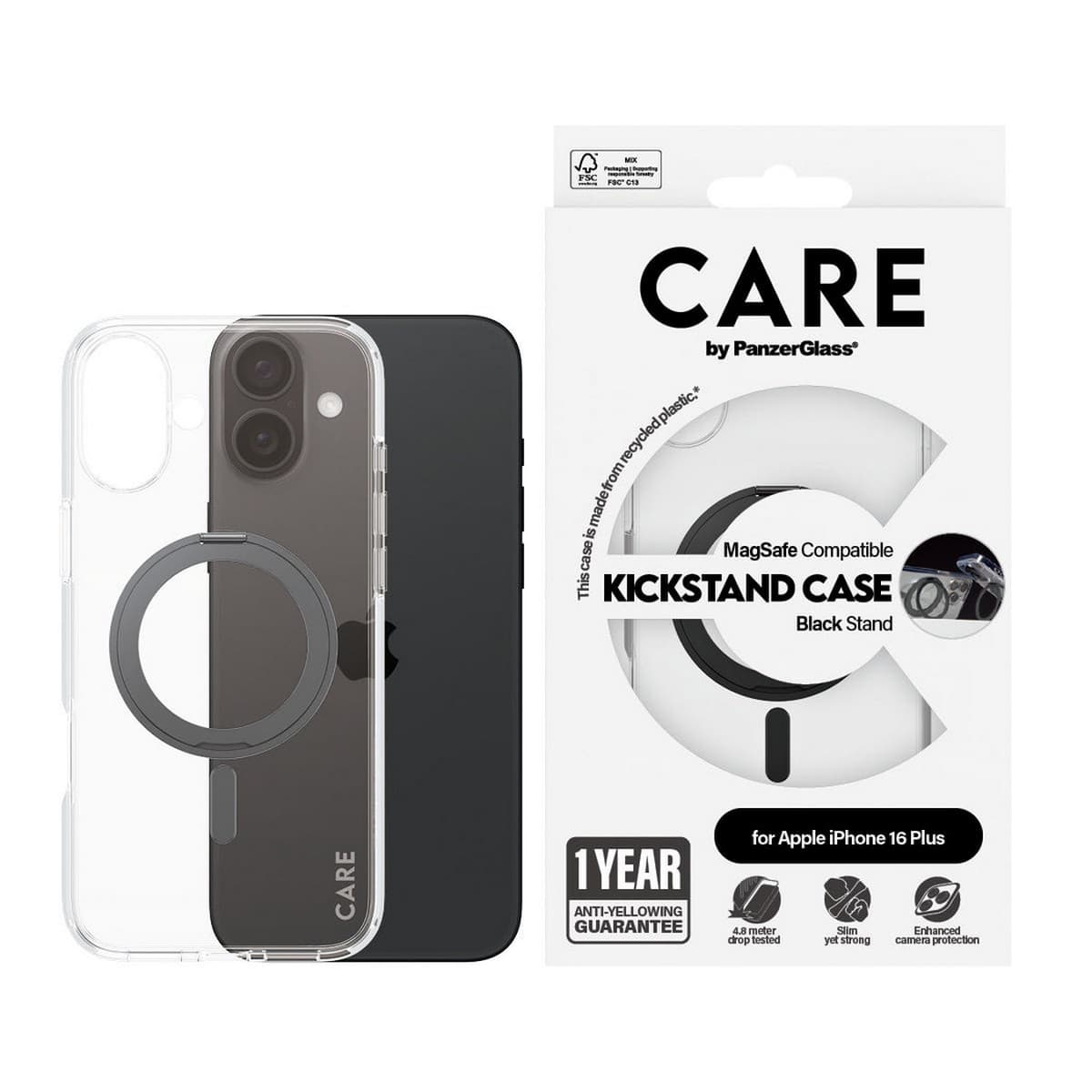 PanzerGlass Transparent Care Feature Case with Black Kickstand & MagSafe for iPhone 16 Plus
