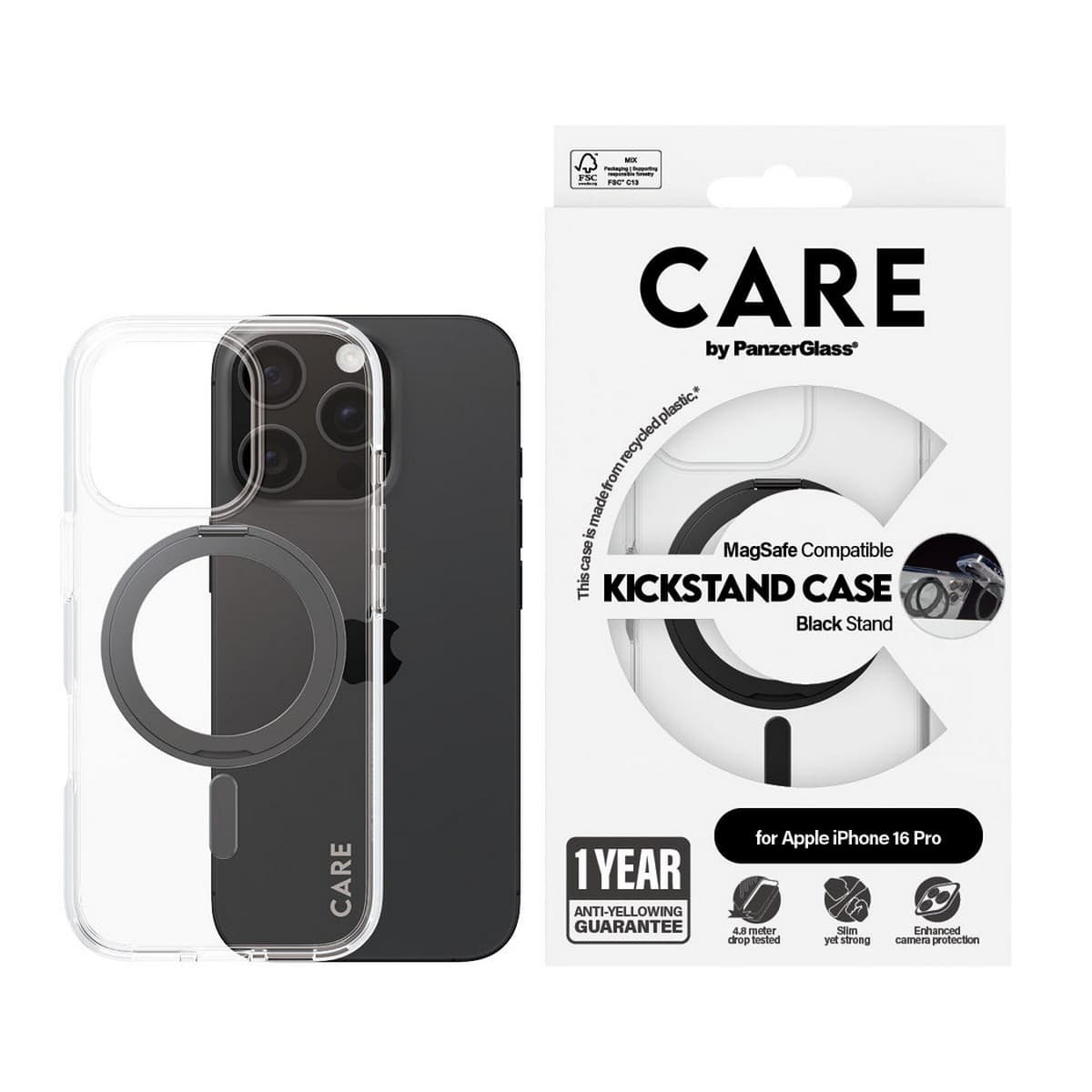 PanzerGlass Transparent Care Feature Case with Black Kickstand & MagSafe for iPhone 16 Pro