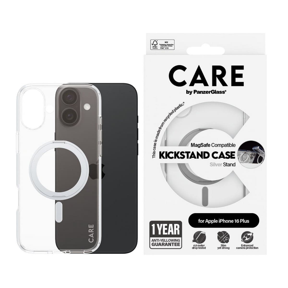 PanzerGlass Transparent Care Feature Case with Silver Kickstand & MagSafe for iPhone 16 Plus