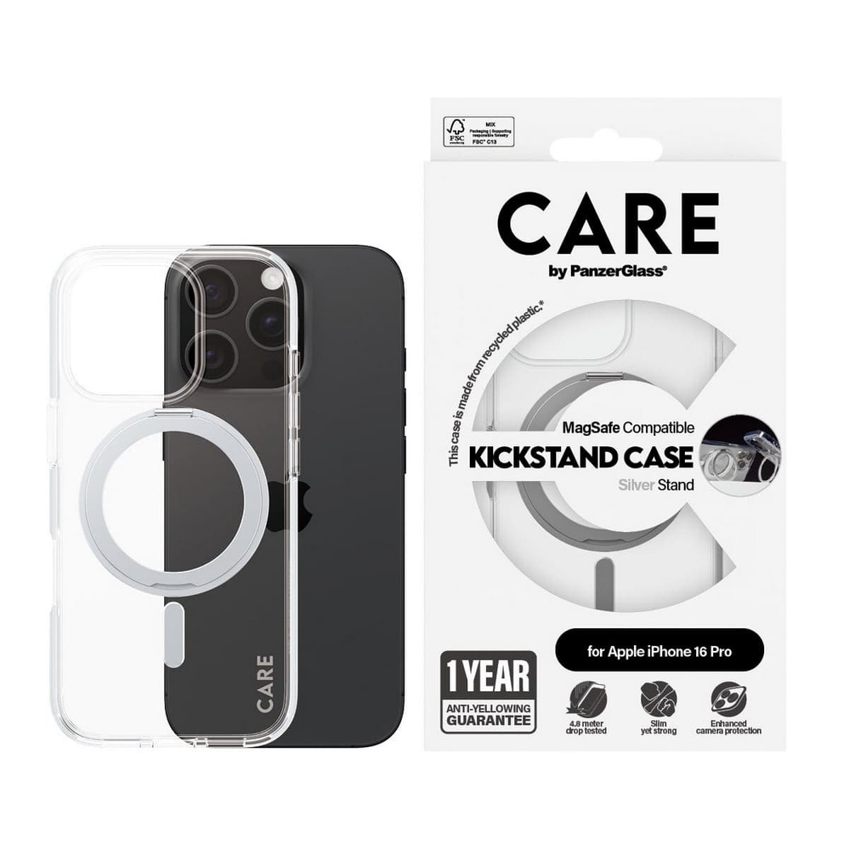 PanzerGlass Transparent Care Feature Case with Silver Kickstand & MagSafe for iPhone 16 Pro