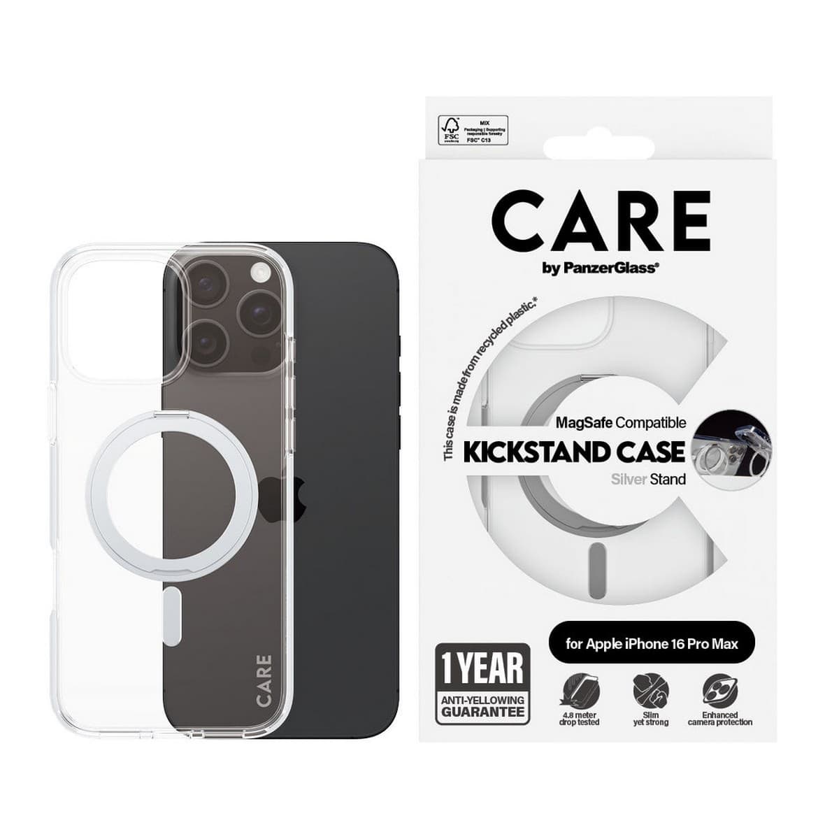 PanzerGlass Transparent Care Feature Case with Silver Kickstand & MagSafe for iPhone 16 Pro Max