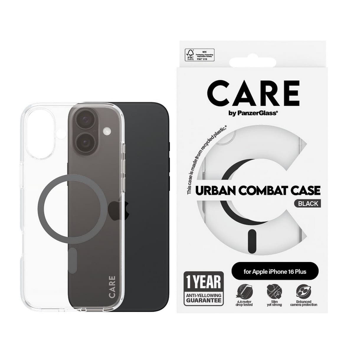 PanzerGlass Transparent Care Urban Combat Case with Black MagSafe for iPhone 16 Plus