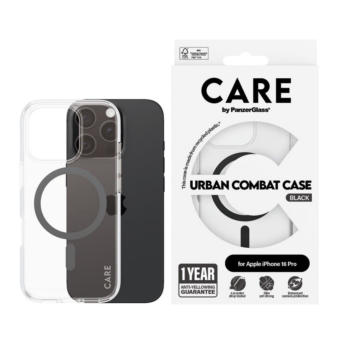 PanzerGlass Transparent Care Urban Combat Case with Black MagSafe for iPhone 16 Pro