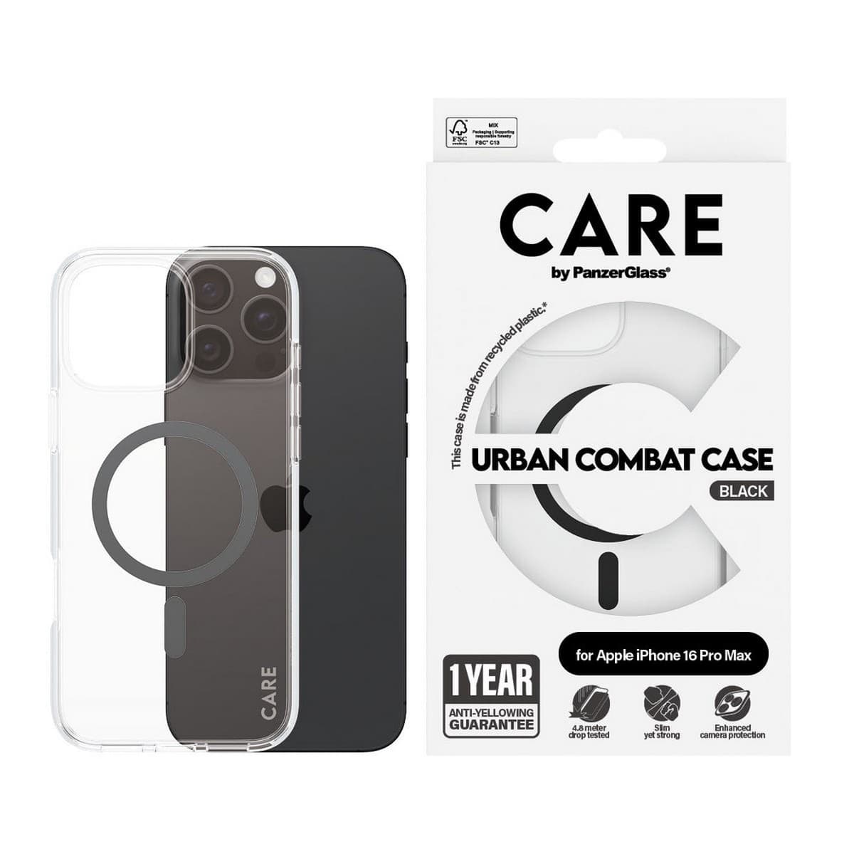 PanzerGlass Transparent Care Urban Combat Case with Black MagSafe for iPhone 16 Pro Max