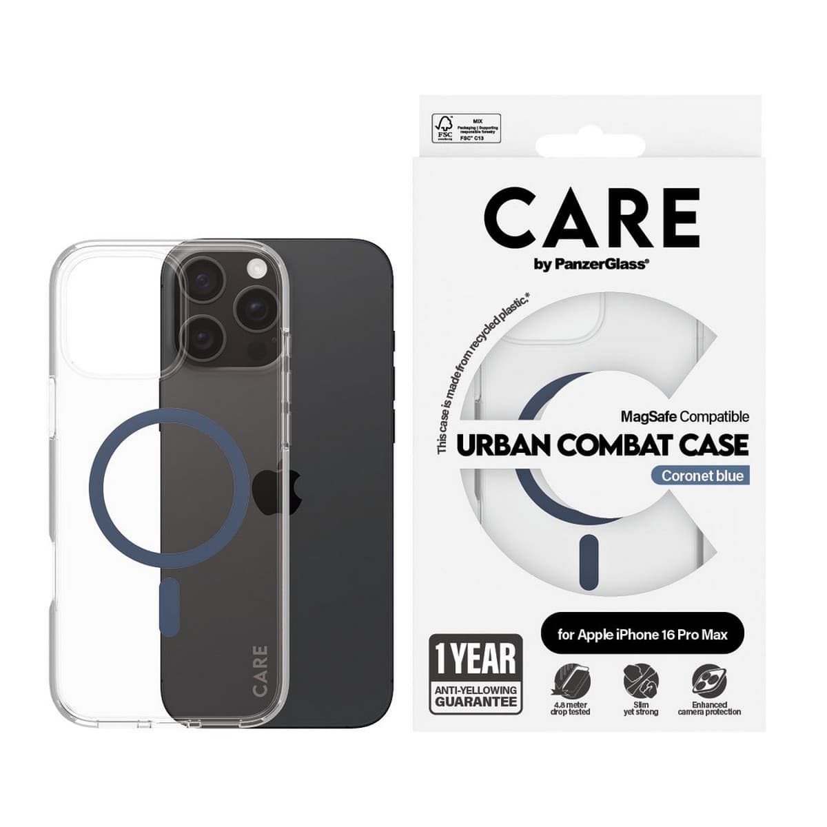 PanzerGlass Transparent Care Urban Combat Case with Blue MagSafe for iPhone 16 Pro Max
