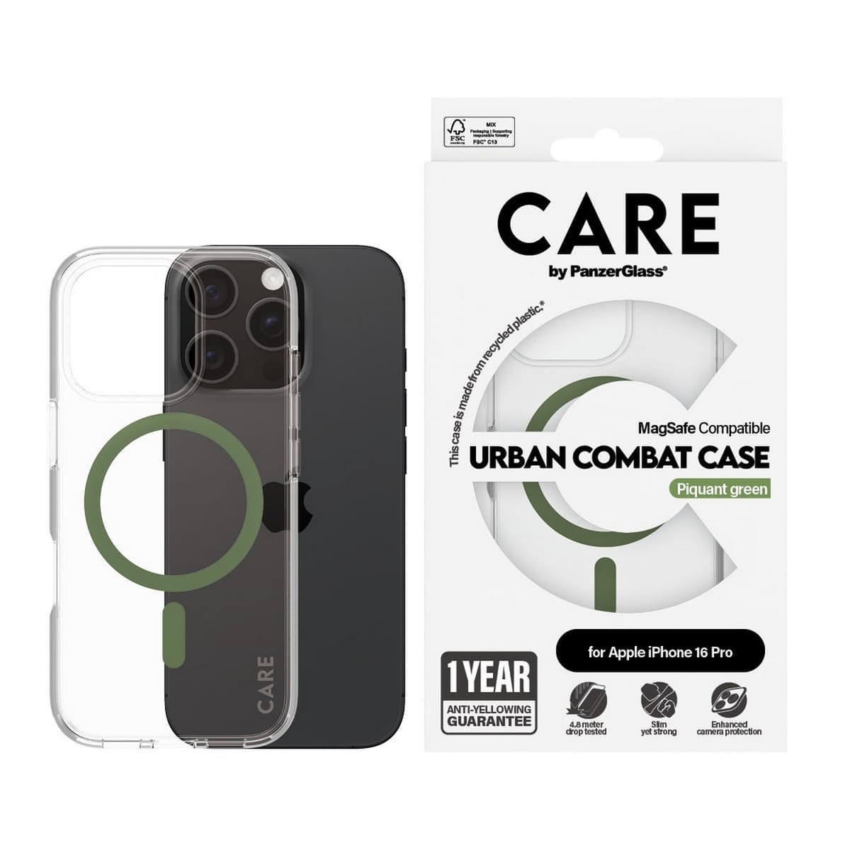 PanzerGlass Transparent Care Urban Combat Case with Green MagSafe for iPhone 16 Pro