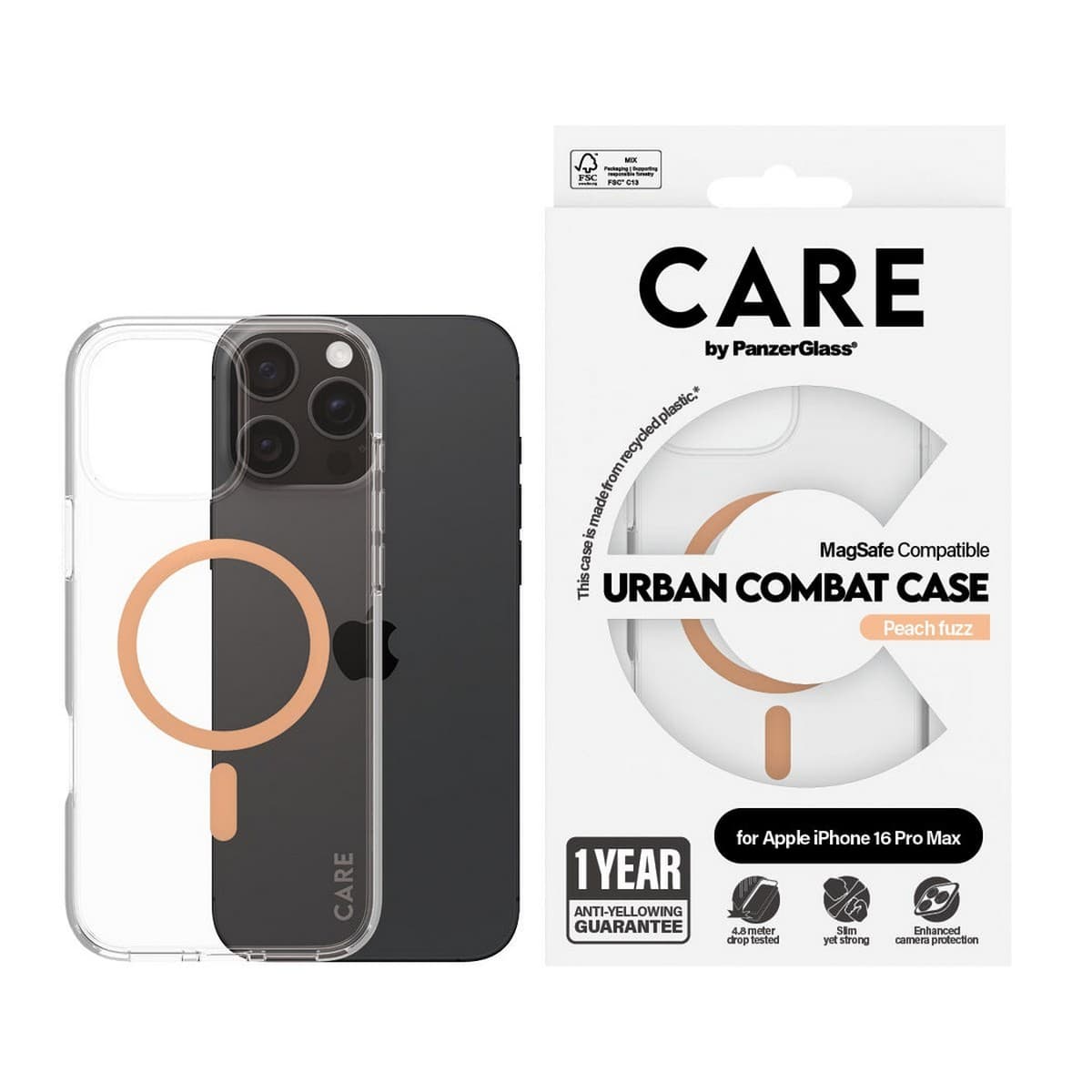 PanzerGlass Transparent Care Urban Combat Case with Peachy MagSafe for iPhone 16 Pro Max