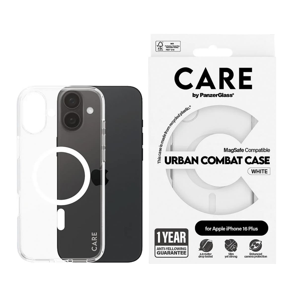 PanzerGlass Transparent Care Urban Combat Case with White MagSafe for iPhone 16 Plus