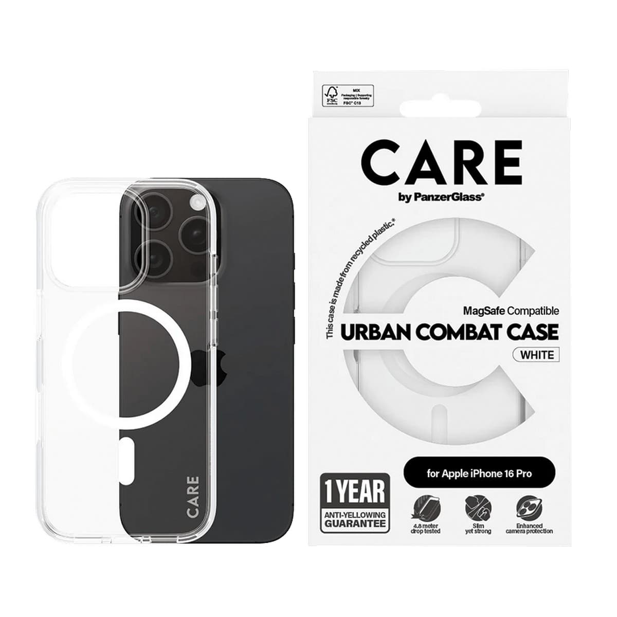 PanzerGlass Transparent Care Urban Combat Case with White MagSafe for iPhone 16 Pro