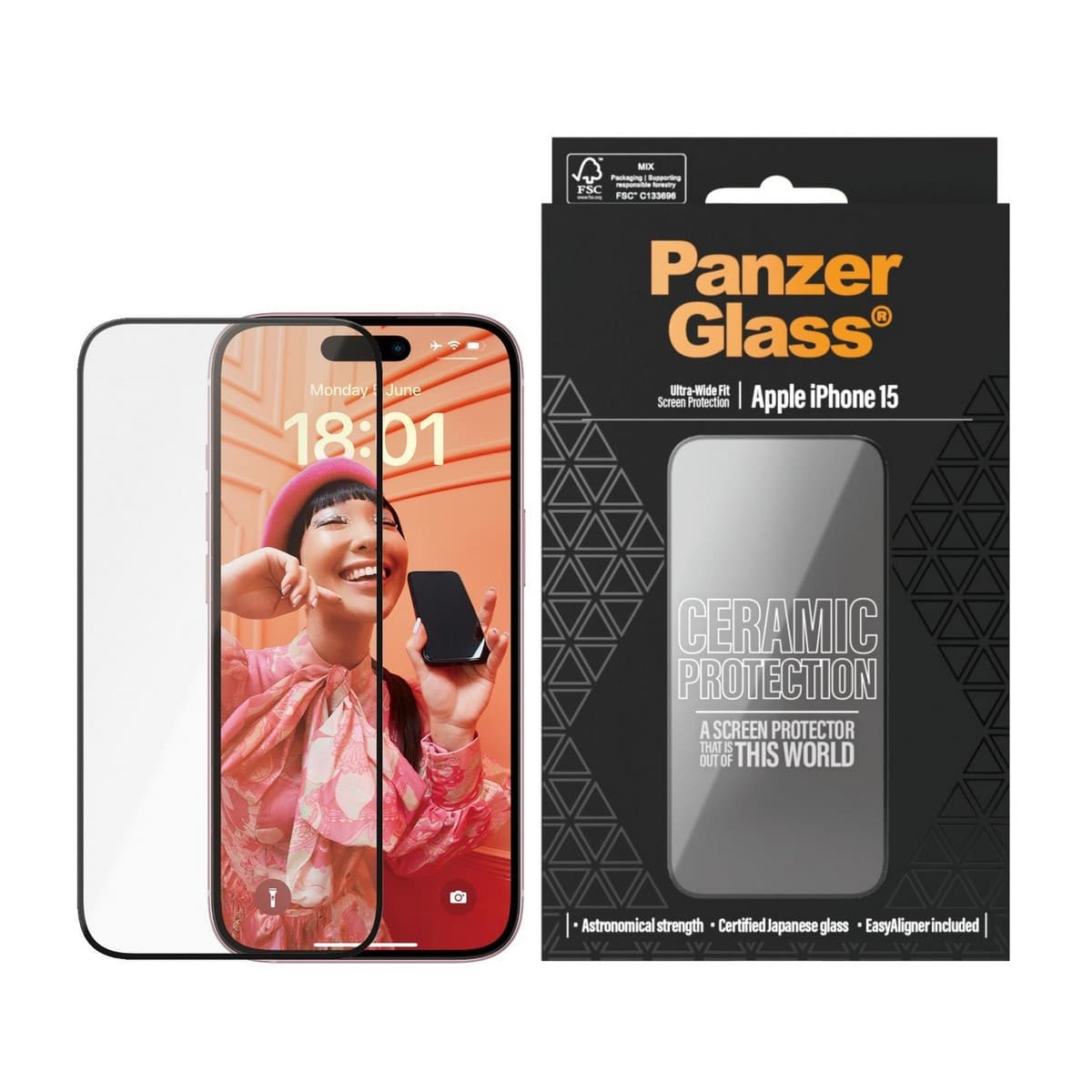 PanzerGlass Ultra-Wide Fit Ceramic Screen Protector with EasyAligner for iPhone 15