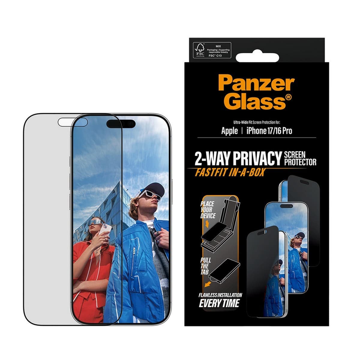 PanzerGlass Ultra-Wide Fit Fastfit Privacy Screen Protector with Black Frame for iPhone 17/16 Pro