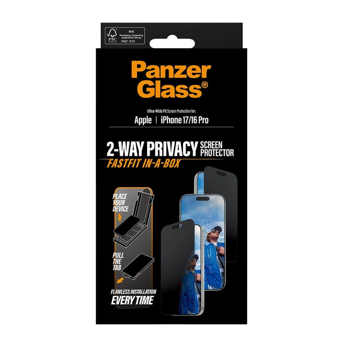 PanzerGlass Ultra-Wide Fit Fastfit Privacy Screen Protector with Black Frame