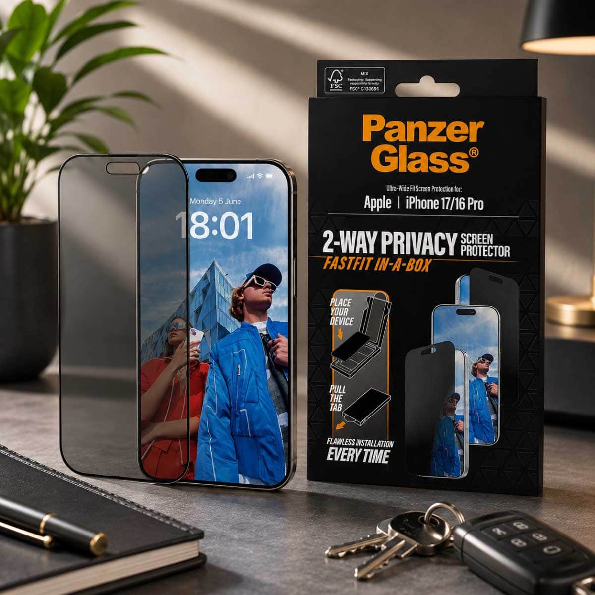PanzerGlass Ultra-Wide Fit Fastfit Privacy Screen Protector with Black Frame