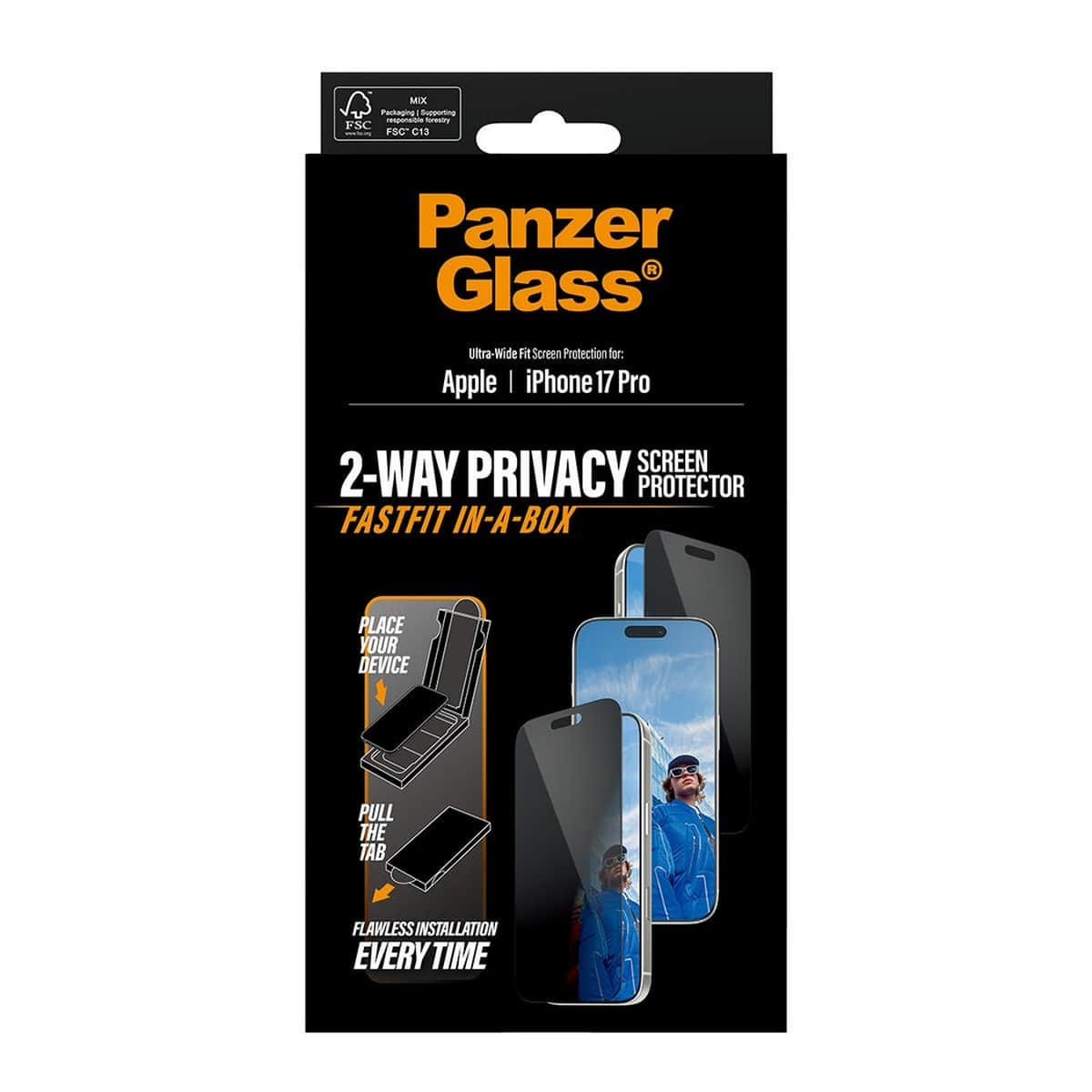 PanzerGlass Ultra-Wide Fit Fastfit Privacy Screen Protector with Black Frame