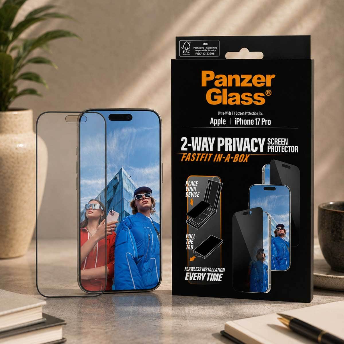 PanzerGlass Ultra-Wide Fit Fastfit Privacy Screen Protector with Black Frame