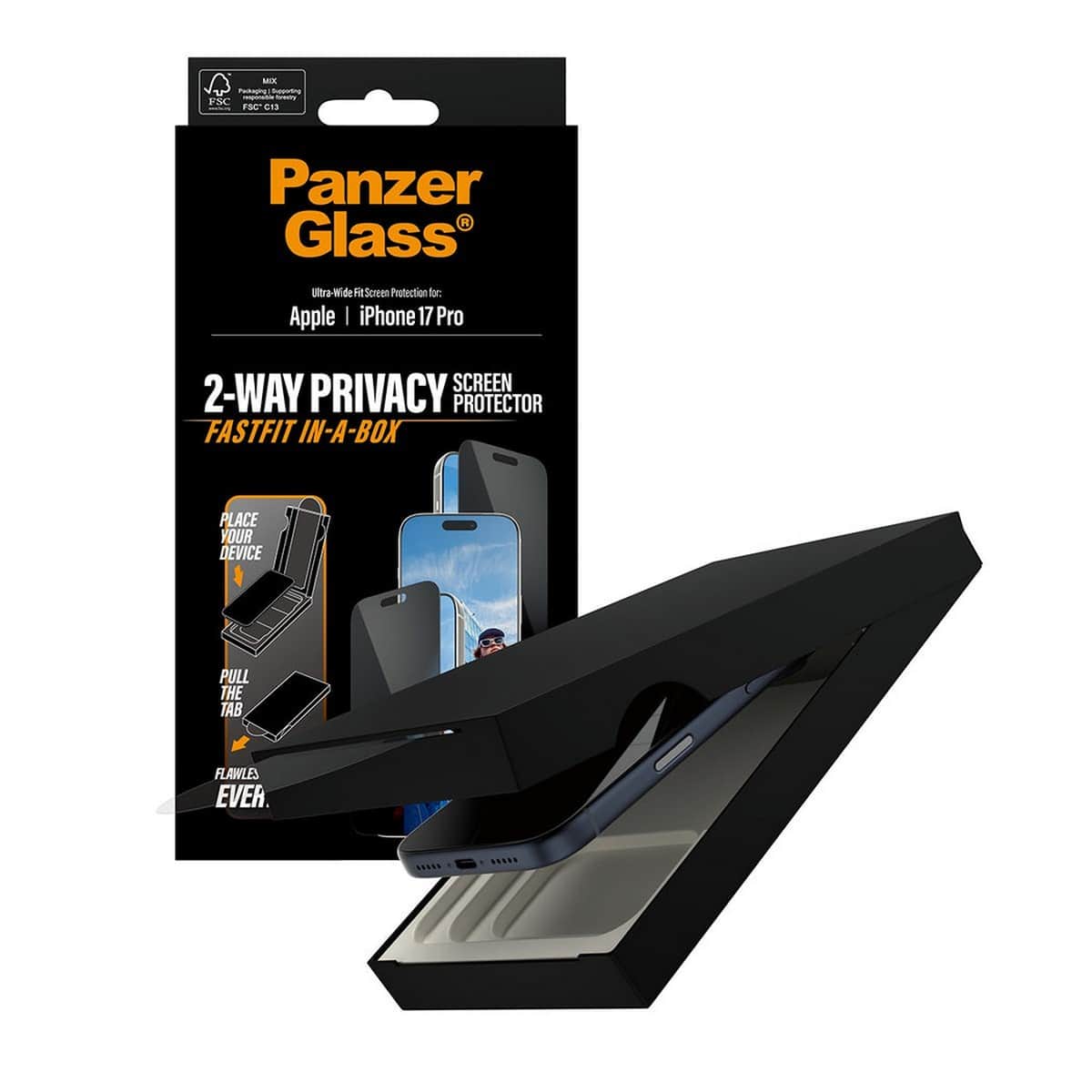 PanzerGlass Ultra-Wide Fit Fastfit Privacy Screen Protector with Black Frame